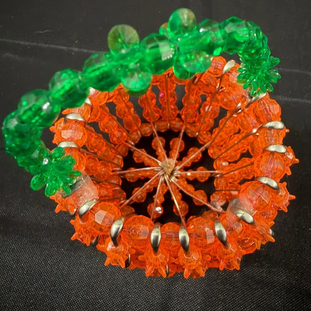 Vintage Handmade Beaded Safety Pin Pumpkin Art Basket Miniature Fall Decor